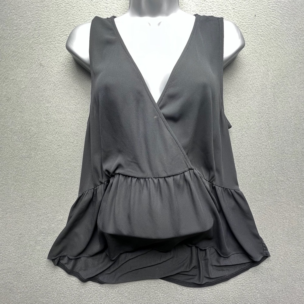 LOFT Women Tank Top Polyester Rayon Medium Black Wrap Peplum Minimalist